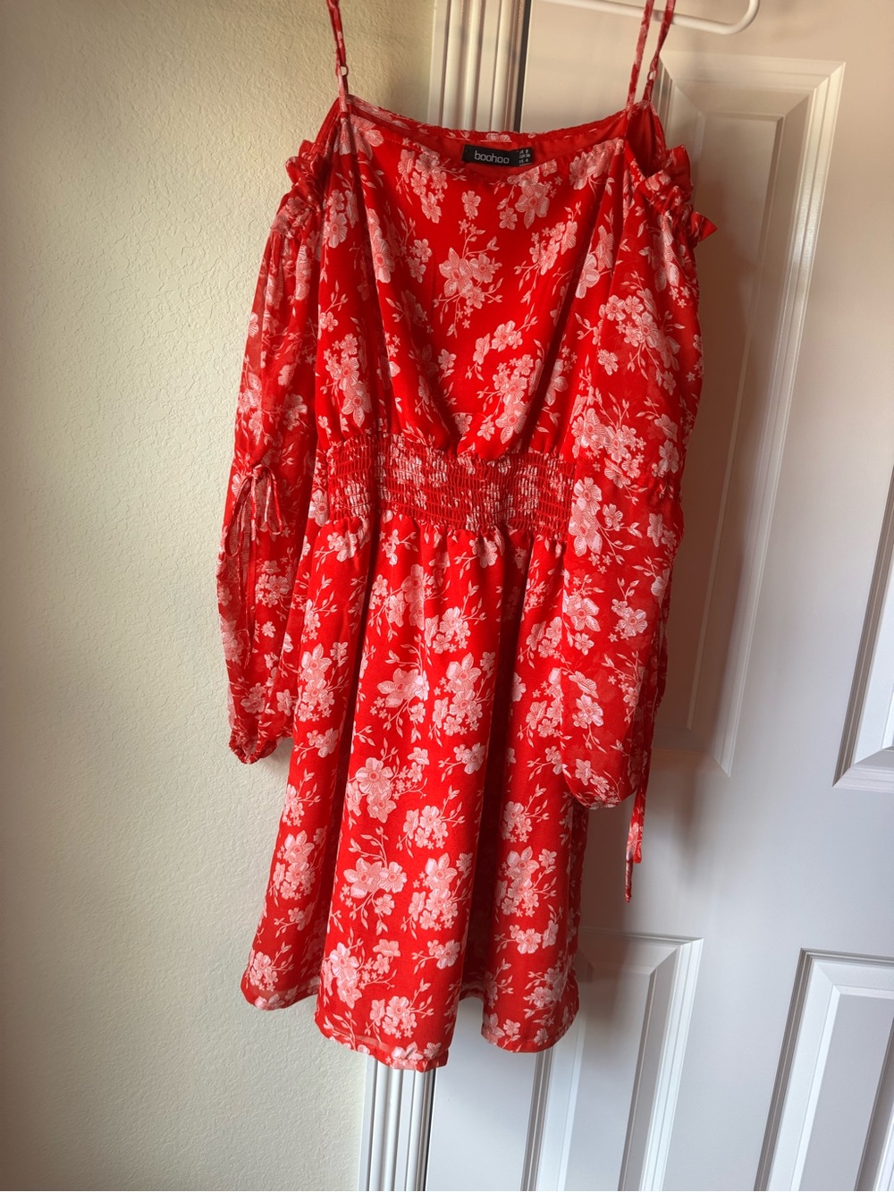 Boohoo Red Floral Cold-Shoulder Dress